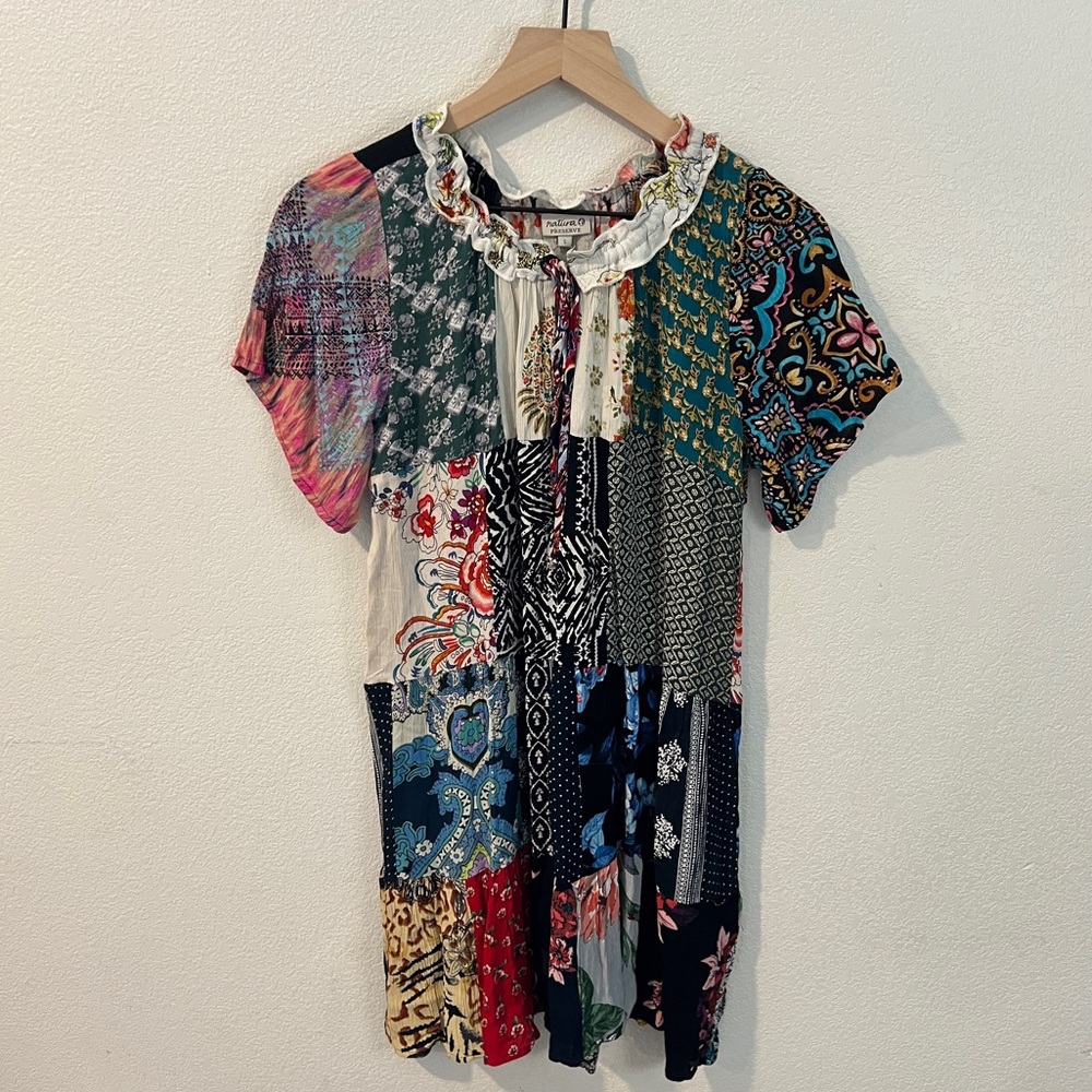 Natura Multicolor Mixed Prints Patchwork Crinkled Viscose Mini Dress Boho Earthy